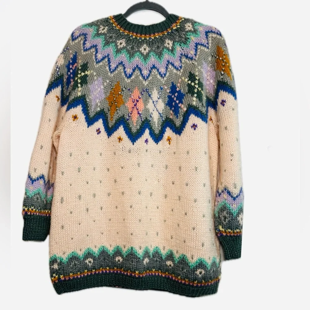 Gorgeous Vintage Nordic, ski lodge Handknit Wool blend Fair Isle sequins sweater - Picture 4 of 9